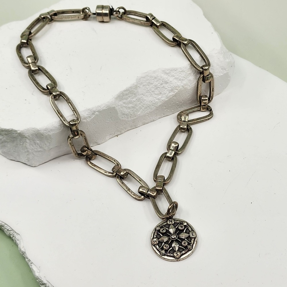 Alex and Ani Compass Pendant Silver Tone Link Chain Necklace Nautical Statement
